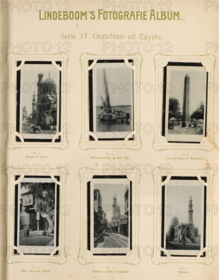 Six reproductions of photographed faces from Egypt, Faces from Egypt, album page, reproduction, photomechanical print, These prints are part of an album., inscription: 'Series 17.', after photo by anonymous, Egypt, publisher: BJ Lindeboom & Zonen, Amsterdam, 1905 - 1906, North Africa, pasteboard, paper, collotype, photogravure, height 300 mm x width 238 mm, Such prints were known as 'little blacks'. They were obtained when purchasing certain brands of tea, cocoa, cigarettes, biscuits, etc. for collecting. There were collector albums in circulation specially produced for the 'blacks'., city-view in general, 'veduta', Ottoman Empire, Cairo (city), Nile, Heliopolis, A cream colored album page with decorative rectangular photo mounts arranged in a grid, each mount holding a black and white vertical photograph showing architectural scenes and street views; the top row shows a domed building and minaret in the left photo, a sailboat on a river in the center, and a tall obelisk with surroundi...