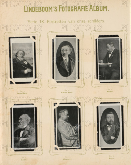 Six reproductions of photographic and painted portraits of Jacob Maris, Willem Maris, Hendrik Willem Mesdag, Jozef Israëls, Bernard Blommers, and Anton Mauve, Portraits of our painters, album page, reproduction, photomechanical print, These prints are part of an album., inscription: 'Series 18.', after photo by anonymous, after painting by anonymous, publisher: BJ Lindeboom & Zonen, Amsterdam, 1905 - 1906, pasteboard, paper, collotype, photogravure, height 300 mm x width 238 mm, Such prints were known as 'black ones'. They were obtained for collecting when purchasing certain brands of tea, cocoa, cigarettes, biscuits, etc. There were collector albums in circulation specially produced for the 'blacks'., Person, Jacob Maris, Anton Mauve, Bernardus Johannes Blommers, historical persons, portrait, self-portrait of painter, A vertically oriented album page with a pale background and decorative rectangular frames arranged in a grid, each frame holding a small black-and-white portrait photogr...