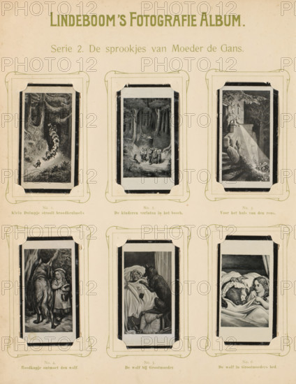 Six reproductions of drawings of scenes from the fairy tales Little Thumb and Little Red Riding Hood, The Tales of Mother Goose, album page, reproduction, photomechanical print, These prints are part of an album., inscription: 'Series 2.', after drawing by anonymous, publisher: BJ Lindeboom & Zonen, Amsterdam, 1905 - 1906, pasteboard, paper, collotype, photogravure, height 300 mm x width 238 mm, Such prints were known as 'blackies'. They were obtained when purchasing certain brands of tea, cocoa, cigarettes, biscuits, etc. for collecting. There were collector albums in circulation specially produced for the 'blackies'., tales and fairy tales: Little Red Riding-hood, tales and fairy tales: Little Thumbling, A vertically oriented aged paper sheet shows six framed rectangular illustrations arranged in two columns and three rows, each illustration mounted within decorative corner holders and surrounded by thin borders; the top area contains a large heading and a line of smaller text beneat...