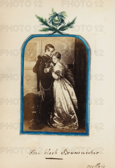 The Black Brunswicker, album page, photograph, The painting 'The Black Brunswicker' by Millais. Photo on an album page in an album with 68 photos, mostly with watercolor border decorations. They are mainly portraits in carte-de-visite format., annotation: 'The Black Brunswicker, Millais', England, after painting by John Everett Millais, 1865 - 1867, photographer, paper, paint (coating), pasteboard, watercolor (paint), albumen print, aquarelle, albumen print with painted border, height 160 mm x width 120 mm, picture, painting, A vertical rectangular image with a pale background and a central arched window outlined in blue containing a sepia-toned scene of a man and a woman standing close together; the man wears a dark formal uniform with decorative elements and holds an object while looking down, the woman wears a light satin gown with a low neckline and looks downward with her head tilted toward the man, her hand resting near his chest; behind them a patterned wall and framed artwork a...