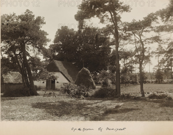 Landscape with a farmhouse on the Zoom near Nunspeet, photograph, title: 'Op de Zoom bij Nunspeet', photographer: Gerard Aalbersberg (us), Nunspeet, c. 1900 - c. 1906, paper, gelatin silver print, developed gelatin silver print, height 117 mm x width 166 mm, A rural scene showing a small thatched cottage partially obscured by trees, with a steep thatch roof and a visible doorway, a large conical haystack with a ladder leaning against it in front of the cottage, clusters of tall trees with spreading branches surrounding the buildings, a fenced area and low shrubs near the foreground, an open grassy area with patches of bare ground extending across the lower part of the image, and a second small thatched structure visible at the left edge.