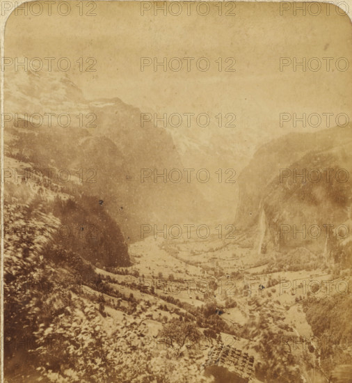 Lauterbrunnen Valley. Wengern. Switzerland, View of the Lauterbrunnen Valley, Switzerland, Views and landscapes in Europe, Africa and Asia, Geographical Sculpture Gallery, collected by MJ Broekhuijsen, Head of a school in Amsterdam, stereograph, Bottom left of photo numbered: 928., annotation: 'A valley, seen from above. On the left in the background the western slope of the Jungfrau (over 4000 m high), further forward the same slope of the Mönch (3000 m). On the right the Wengern-Alp (2000 m). The valley itself lies at an altitude of 800 m. It is only 1000 to 1500 m wide and thus forms a narrow tube between the steep mountain slopes. The sun therefore does not reach the floor even in the middle of summer before 7 o'clock, and in the middle of winter only a few minutes before 12 o'clock! The White Lutschine, which flows through the valley, is barely visible in the picture. However (on the right), the famous Staubbach is visible, plunging down from a height of 300 m. (How high is the ch...