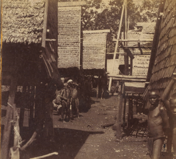 View of a village street with groups of children on one of the Tanimbar Islands, Tenimber Islands. Kampong, Views and Landscapes in Europe, Africa and Asia, Geographical Sculpture Gallery, collected by MJ Broekhuijsen, Head of a school in Amsterdam, stereograph, Numbered D.9. in the lower left of the photo, annotation: 'Kampong is the Malay, dessa the Javanese word for village. The kampongs on the Tenimber Islands all consist of stilt houses. The houses are covered with atap: (dried palm leaves strung on slats.) See further, pl. 14 and 15.', Tanimbar Islands, publisher: Merkelbach & Co., Amsterdam, compiler (person in literature): Martien Johan Broekhuijsen, c. 1905, photographer, compiler (person in literature), pasteboard, paper, albumen print, height 87 mm x width 177 mm, Part of a group of 52 stereophotos used in primary education as a supplement to school charts. The entire series consisted of 274 items in 10 categories (A to K)., child, village street (city(-scape) with figures, ...