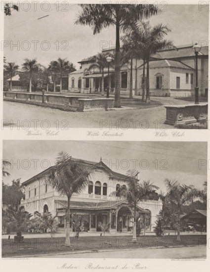 Witte Sociëteit (above) and restaurant De Boer (below) in Medan, Witte Sociëteit (above), Medan. Restaurant de Boer (below), photomechanical print, Part of Album with heliogravures of Sumatra's east coast., number: '10', photographer: Carl J. Kleingrothe, Medan, cliché maker: Johann Baptist Obernetter, Munich, in or before 1898, Carl J. Kleingrothe, Johann Baptist Obernetter, photographer, cliché maker, Bavaria, Sumatra, paper, photoaquatint, heliogravure, height 132 mm x width 218 mm, height 125 mm x width 219 mm, club, meeting place, restaurant, A sepia-toned image showing two large colonial-style buildings separated by a horizontal band, each building framed by tall palm trees and planted landscaping. The upper building is a single-story structure with a covered entrance supported by columns, shuttered windows, decorative low stone balustrades along the frontage, and street lamps with round globes beside a paved walkway. The lower building is a two-story villa with an ornate wraparo...