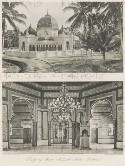 Tandjong Poera Malay Mosque (above), Tandjong Poera Malay Mosque. Interior (below), Exterior (above) and interior (below) of a Malay mosque in Tanjungpura, photomechanical print, Part of Album with heliogravures of Sumatra's east coast., number: '15', photographer: Carl J. Kleingrothe, Tanjungpura, cliché maker: Johann Baptist Obernetter, Munich, in or before 1898, Carl J. Kleingrothe, Johann Baptist Obernetter, photographer, cliché maker, Bavaria, Sumatra, paper, photoaquatint, heliogravure, height 129 mm x width 219 mm, height 130 mm x width 217 mm, temple, shrine, Islam, Mohammedanism, A black-and-white image showing an exterior view of a domed mosque set behind a low decorative wall, with a curved road leading toward it and tall palm trees surrounding the building; the mosque has multiple domes, arched openings, columns, and ornamental pinnacles, and the foreground shows textured ground and shadows from the trees.
