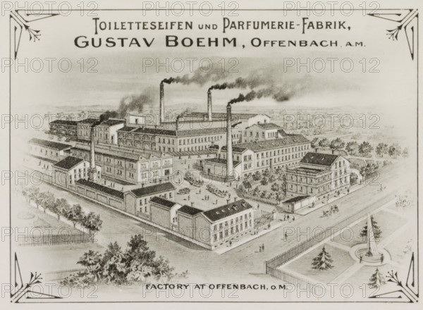 Photo reproduction of (presumably) a print of Gustav Boehm's soap and perfume factory in Offenbach am Main, photograph, reproduction, Part of Photographs of Gustav Boehm's world tour 1899-1901, series 1., after print by anonymous, 1899 - 1901, photographer, after print by, paper, gelatin silver print, developed gelatin silver print, height 82 mm x width 60 mm, factory-building, Hessen, Offenbach am Main, A detailed sepia-toned drawing of an industrial complex with multiple rectangular factory buildings arranged around courtyards, tall chimneys emitting dark smoke, small groups of people and horse-drawn carts in the open areas, rows of trees and fenced pathways surrounding the site, a street with pedestrians and a gated entrance, and decorative corner motifs framing the scene.