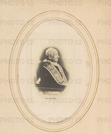 Portrait of Pope Leo Dobbelmann, Soap manufacturers, Nijmegen, series 8. No 4', 1878 - 1890, photographer, paper, pasteboard, gelatin silver print, developing gelatin silver print, height 137 mm x width 97 mm, Person, Leo XIII, historical persons, pope, A sepia-toned oval-framed photograph shows an elderly man in profile seated and facing to the right, wearing ornate ceremonial vestments with intricate embroidered patterns and a high collar, his hair thin and combed back, with a composed facial expression; the inner photograph is mounted on a lighter rectangular mat inside a textured beige background with multiple concentric oval lines forming the frame.