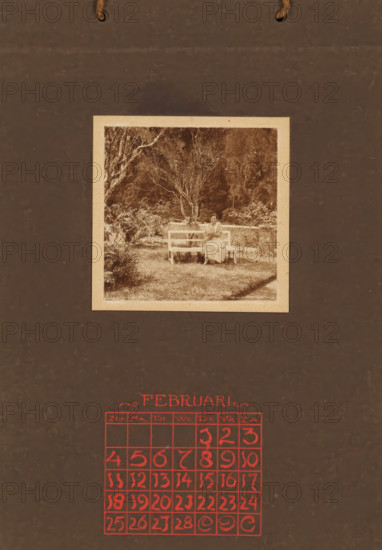 Woman with a cat in her arms on a white bench in a garden, album page, photograph, This photo is part of an album., annotation: 'FEBRUARY, ', Indonesia, 1880 - in or before 1923, photographer, pasteboard, paper, daylight collodion silver print, height 78 mm x width 77 mm, garden, adult woman, cat, bench, A sepia photograph of a person seated on a wooden bench in a grassy garden area, framed by trees and plants, is mounted on a dark textured background with two short hanging cords visible near the top; below the photograph a red grid of squares is arranged in a rectangular block.