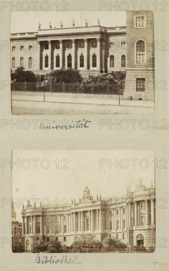 Exterior of the library of the Humboldt University in Berlin, photograph, cabinet photograph, Part of Photo album of Carl Heinrich Fliegenschmidt, prison director at Oslebshausen., inscription: 'C. Fliegenschmidt Bibliothek', Berlin, c. 1890 - c. 1910, photographer, pasteboard, paper, albumen print, height 78 mm x width 110 mm, facade (of house or building), university building, college, A vertical sheet showing two sepia photographs of grand classical buildings mounted one above the other, each bordered by rounded rectangular frames on aged paper; the top photograph depicts a façade with tall fluted columns supporting a portico, decorative window surrounds, a low balustrade along the roofline with sculpted figures, a metal fence and shrubbery in front, and a taller corner tower with arched windows on the right; the bottom photograph shows a curved monumental building with rows of Corinthian columns, ornate cornices and sculptural groups along the roofline, multiple arched and rectangu...