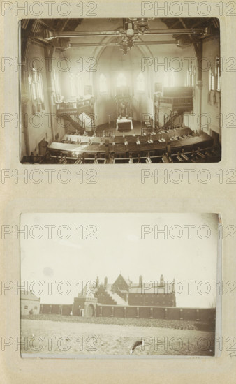 Church within the walls of Oslebshausen prison, photograph, Part of Photo album of Carl Heinrich Fliegenschmidt, prison director at Oslebshausen., Oslebshausen, c. 1890 - c. 1910, photographer, Bremen (city), pasteboard, paper, daylight paper print, height 78 mm x width 110 mm, fence, wall, paling, prison, jail, dome, architecture, gate, entrance, A faded black and white photograph of an interior space showing a vaulted ceiling with ornate beams and a central hanging fixture above rows of wooden pews that curve toward a raised altar area framed by arched windows; the altar area features a central decorative screen or reredos, flanked by staircases leading to small balconies on both sides, tall narrow stained glass windows along the side walls, and wooden railings and pillars throughout, with soft light streaming through the windows and casting highlights on the interior surfaces.
