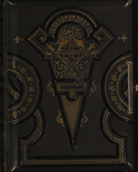 Photo album with 56 photos, Dutch, Album, photograph album, insert album, Photo album with 17 pages and 56 cartes-de-visite. The album contains portraits mostly produced in North Holland, including by C. van der Aa & J. Chrispijn, Pieter Vlaanderen, and Albert Greiner; some photos are anonymous. Many of the women portrayed wear bonnets resembling the Frisian bonnet. In addition, several men are depicted in uniform., collector's mark: 'Dienst Verspreide Rijkscollekties, Inv.nr: A858', compiler (person in literature): anonymous, photographer: various makers, photographer: C. van der Aa & J. Chrispijn, photographer: Albert Greiner, 1860 - 1910, various makers, C. van der Aa & J. Chrispijn, Albert Greiner, compiler (person in literature), photographer, metal, pasteboard, inorganic material, paper, chromium, albumen print, color on edge, cardboard slip-in album, covered with embossed pressed gray and black paper, birds depicted in gold, chrome v-slot, cardboard pages with gold on edge, endp...