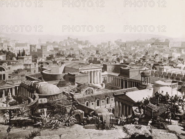 View of ancient Rome: the Forum of Augustus and the Baths of Titus, Forum des Augustus. - Baths of Titus., photograph, reproduction, page, Part of Panorama of ancient Rome., photographer: Franz Hanfstaengl, Munich, 1890, Bavaria, pasteboard, ink, materials by function, paper, printing ink, collotype, photogravure, height 179 mm x width 219 mm, prospect of city, town panorama, silhouette of city, public baths, square, circus, etc. (city(-scape) with figures, staffage), exterior, representation of a building, Rome, Forum of Augustus, Baths of Titus, A wide sepia-toned cityscape filled with densely packed classical buildings and rooftops stretching to distant hills, showing many temple-like structures with columns, domes, pediments, and colonnades, interspersed with rectangular buildings and narrow streets; in the foreground there are sculpted figures, a chariot scene with riders and attendants, plants with broad leaves, stone terraces and stairways, and a rounded structure with a domed r...