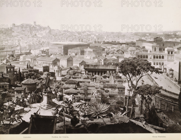 View of ancient Rome: the Janiculum, the Porticus of Octavia and the Circus Flaminius, Janiculus. - Porticus der Octavia. - Circus Flaminius., photograph, reproduction, page, Part of Panorama of ancient Rome., photographer: Franz Hanfstaengl, Munich, 1890, Bavaria, pasteboard, ink, materials by function, paper, printing ink, collotype, photoprint, height 179 mm x width 219 mm, courtyard, prospect of city, town panorama, silhouette of city, (high) hill, square, circus, etc. (city(-scape) with figures, staffage), exterior, representation of a building, structures, buildings, airfield, airport (departure and arrival, traffic and transport), Rome, Janiculum, Porticus van Octavia, Circus Flaminius, A wide grayscale cityscape seen from an elevated foreground with a ledge, pottery, spiky plants, and a group of figures gathered near a statue on a pedestal, looking over a dense cluster of rooftop terraces and narrow streets below; beyond the roofs stand a series of classical stone buildings wit...