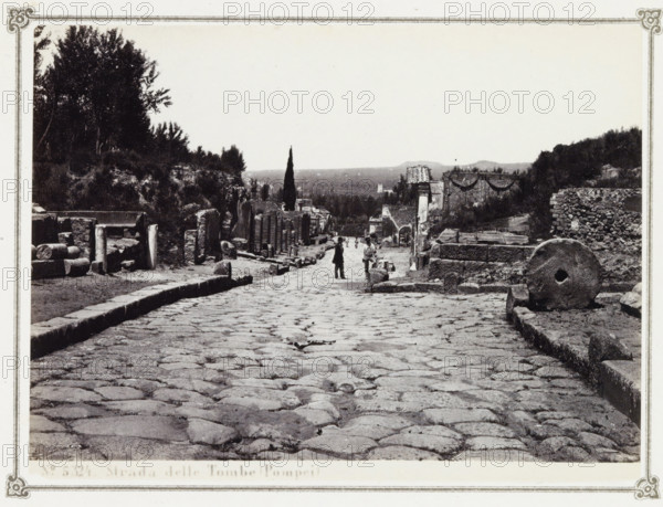 Strada delle Tombe (Pompei), Street with remains of tombs in Pompeii, album page, photograph, Part of Photo album with photographs of excavations in Pompeii by Giorgio Sommer., number: '5324', photographer: Giorgio Sommer, Pompeii, c. 1860 - c. 1900, paper, albumen print, height 103 mm x width 140 mm, street, grave, tomb, excavation, archaeology, Via delle Tombe (Pompeii), A wide cobbled street flanked by ancient stone ruins and low walls stretches toward the distance, with scattered broken columns and rectangular stone blocks along the edges, a large circular millstone resting near the right foreground, a tall slender cypress tree rising near the center background, trees and shrubs on raised embankments to the left and right, a few small human figures walking along the street, and distant low hills on the horizon.