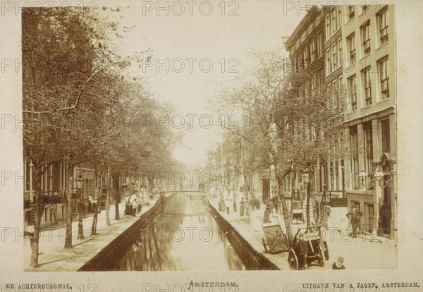 View of the Achterburgwal, The Achterburgwal. Amsterdam., photograph, cabinet photograph, Part of a Leporello album with 12 photos of Amsterdam., photographer: attributed to Andries Jager, Amsterdam, c. 1860 - c. 1900, Attributed to, paper, pasteboard, albumen print, height 95 mm x width 135 mm, canal, Achterburgwal, A sepia-toned street scene showing a canal flanked by tree-lined sidewalks and multi-story buildings, with a narrow bridge crossing the canal; people are walking and standing along the sidewalks and near the bridge, and a horse-drawn carriage is parked on the right sidewalk; lamp posts line the walkways and branches of trees extend over the canal, while reflections appear in the water and rows of windows and doorways are visible on the buildings.