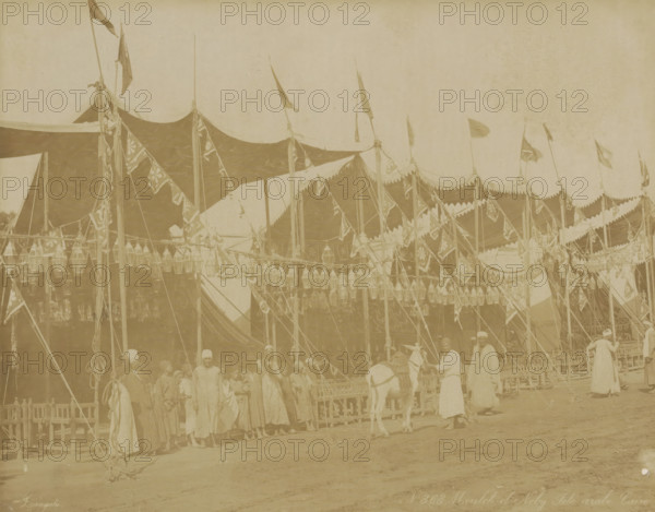 Decorated festival grounds in Cairo, Moulet el Neby Fête Arabe Caire, photograph, Part of Travel Album with 80 Photos of Egypt., negative number: '368', photographer: Zangaki, C. & G., Cairo (city), c. 1870 - c. 1890, Ottoman Empire, North Africa, pasteboard, paper, albumen print, height 219 mm x width 276 mm, festivities, A large striped tent with scalloped edges and decorative hanging banners and lanterns stretches across the scene, supported by tall poles topped with fluttering flags; a group of people in long robes and head coverings stand and gather near the tent while a person leads a donkey in front; wooden fencing and ropes are visible around the area, and the ground appears dusty.