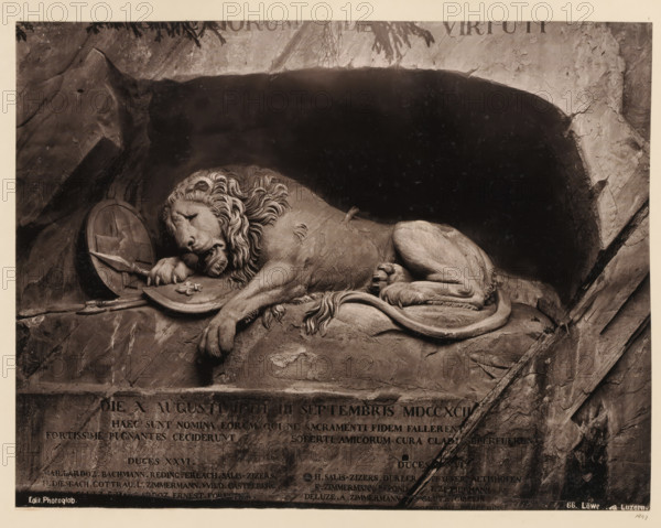 View of the Lion of Lucerne, album page, photomechanical print, This print is part of an album., annotation: '1897', inscription: 'Edit. Photoglob., 66. Löwe von Luzern', publisher: Photoglob & Co., 1897, paper, collotype, photogravure, height 265 mm, width 350 mm, beasts of prey, predatory animals: lion, monument, statue, Lucerne, Löwendenkmal, A stone sculpture of a reclining lion rests in a carved niche, the lion shown with a detailed mane and closed eyes, its forepaw curled over a round shield and a broken spear lying nearby, the lion's body stretched along a rocky ledge with its tail curled beside its haunches, the surrounding stone surface textured with cracks and weathered marks and a dark recess framing the animal.