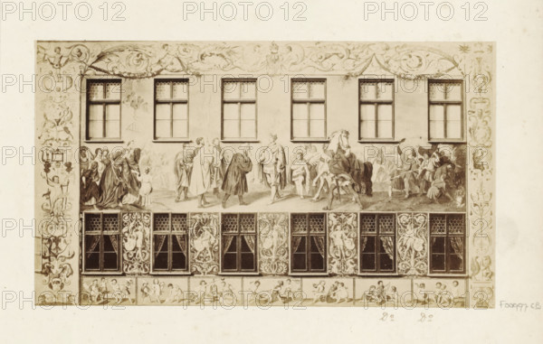 Frescoes on 'The Three Moors House' Augsburg, Fresco on a facade of the former residence of Hans Jakob Fugger in Augsburg, photograph, Part of a travel album with photographs of Switzerland, Austria, Italy, and Germany., Augsburg, c. 1860 - c. 1890, photographer, Bavaria, paper, albumen print, height 118 mm x width 203 mm, painting (including book-illumination, miniature-painting) (plaster, arts), A rectangular architectural panel shows a decorative facade with a horizontal arrangement of windows and figurative murals; the top register features a frieze of ornate scrollwork and stylized motifs above a row of plain windows, beneath which a painted scene depicts robed figures standing and conversing, a mounted horse with a rider, and groups of people gesturing and interacting; the central band contains tall windows separated by ornate vertical panels filled with intricate foliage and figure decorations, each window having patterned panes and some draped curtains; the lower strip displays...