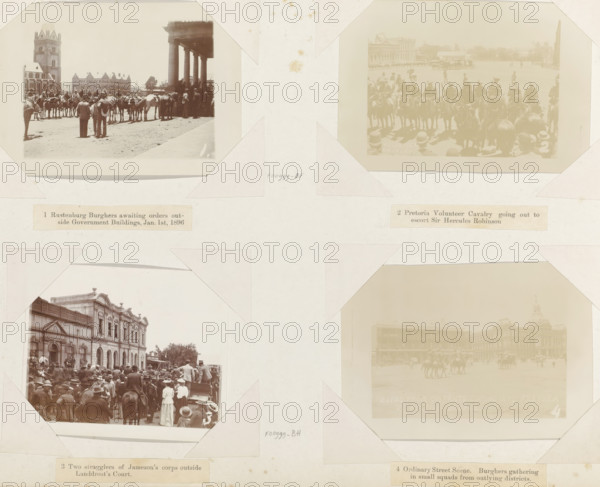 Armed Boers on horseback in a street in Pretoria, 4 Ordinary Street Scene. Burghers gathering in small squads from outlying districts., photograph, Part of Album with 191 photos of a trip to and through South Africa., inscription: 'Boers from districts coming in to Pretoria to receive orders. 4', Pretoria, 1896, photographer, paper, daylight gelatin silver print, height 83 mm x width 121 mm, land forces (cavalry, horsemen), A faded album page shows four mounted sepia photographs held by triangular photo corners on a pale paper background with some foxing spots; the top left image depicts a group of mounted men and a few standing figures gathered in a square in front of a large columned building and a tall towered structure, with horses lined up and people in period clothing; the top right image shows mounted cavalry and helmets in the foreground facing an open square with a distant row of buildings; the bottom left image shows a dense crowd of people and mounted riders in front of a gr...