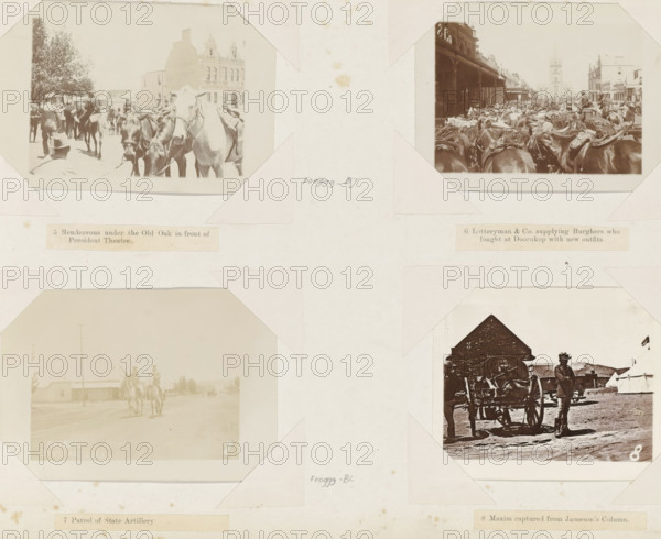 Horseeded street patrol in South Africa, Patrol of State Artillery, photograph, Part of Album with 191 photos of a trip to and through South Africa., inscription: 'Patrol State Artillery 7', South Africa, 1896, photographer, paper, daylight gelatin silver print, height 83 mm x width 121 mm, land forces (cavalry, horsemen), A pale page shows four sepia photographic corners holding in place four photographs; the top left photograph depicts a street scene with horses in the foreground and a crowd of people and a multiStorey building in the background, the top right photograph shows a crowded street filled with horses and riders with a covered walkway and a tall tower visible along the street, the lower left photograph features a dusty road with riders on horseback approaching and low buildings at the roadside, and the lower right photograph shows a man standing beside a horse-drawn wagon with a tent and a small building behind him.