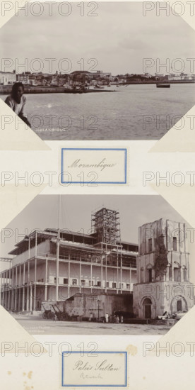 View of a coastal town in Mozambique, Mozambique, photograph, Part of Album with 191 photographs of a trip to and through South Africa., c. 1900 - c. 1920, photographer, paper, daylight gelatin silver print, height 107 mm x width 152 mm, prospect of city, town panorama, silhouette of city, A vertical composite of two sepia photographs mounted on paper with decorative labels, the top photograph showing a waterfront scene with calm water in the foreground, a shoreline with low buildings and scattered trees in the middle ground, a small boat floating on the water toward the right, and a person partially visible at the lower left edge leaning against the frame, and the bottom photograph showing a large multi-story building under construction with exposed columns and scaffolding around a central tower, adjacent to an older weathered stone structure with arched openings, construction materials and large pipes on the ground, and several people standing and sitting near the buildings.
