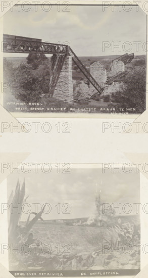 Bridge over the Vet River The explosion, Explosion at a railway bridge over the Vet River in South Africa, photograph, Part of Album with 191 photos of a trip to and through South Africa., South Africa, 1899 - 1902, photographer, paper, daylight paper print, height 149 mm x width 120 mm, bridge, A sepia-toned photograph shows a partially collapsed metal truss bridge spanning a shallow river valley, with several stone piers standing and others reduced to rubble; one intact pier supports a section of the metal framework that angles down toward the broken spans, and fragments of track and twisted metal litter the ground near the water; scrubby vegetation and trees flank the scene and a flat landscape extends to the horizon under a cloudy sky.