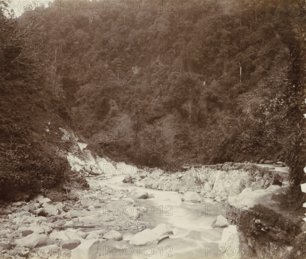 Stream with a road alongside it and workers in the Dutch East Indies, album page, photograph, Part of Album with photos of railways in the Dutch East Indies and postcards., Dutch East Indies, The, c. 1880 - c. 1910, photographer, paper, pasteboard, albumen print, height 230 mm x width 271 mm, railway, train, brook, A rocky riverbed with flowing water running toward the foreground, surrounded by scattered boulders and stones, flanked by steep, exposed rock faces and dense vegetation; the midground shows a mix of shrubs and trees along the banks and a wooden plank or beam lying across rocks, while the background is dominated by a densely forested hillside with tall trees and a few bare branches visible against the canopy.