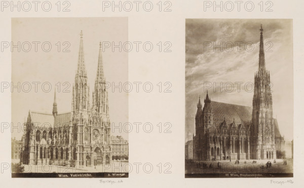 Photo reproduction of (presumably) a painting of St. Stephen's Cathedral in Vienna, Wien, Stephanskirche., photograph, reproduction, Part of a travel album with photos of sights in Germany and Austria and of artworks., negative number: '27', after painting by anonymous, c. 1870 - c. 1900, photographer, after painting by, paper, albumen print, height 145 mm x width 0 mm, church (exterior), Vienna, Lower Austria, Stephansdom, Two sepia-toned images of large Gothic cathedrals are shown side by side on a light background, each image framed by a thin border and mounted on the page. The left image shows a façade with tall ornate twin spires rising from a richly detailed front with pointed arches, tracery, statues, and a large circular window above an entrance; the rooflines and buttresses extend to the left and smaller spires punctuate the silhouette. The right image depicts a tall single spire next to a large nave with a patterned roof and a façade of pointed arches, ornate pinnacles, and d...
