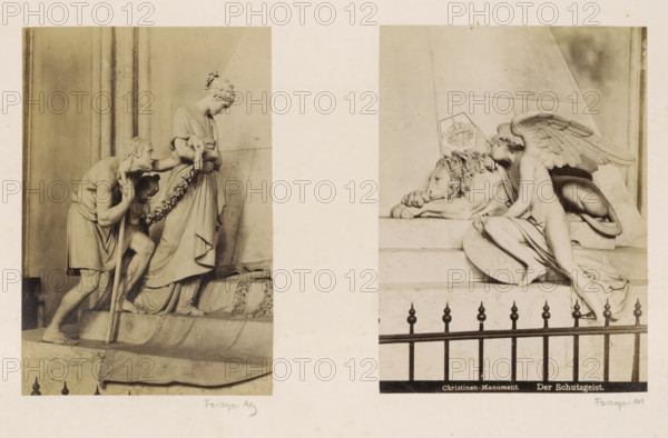 Images of the monument to Archduchess Marie Christina of Austria in the Augustinian Church in Vienna, photograph, Part of a travel album with photos of sights in Germany and Austria and of works of art., Vienna, c. 1870 - c. 1900, photographer, Lower Austria, paper, albumen print, height 147 mm x width 99 mm, piece of sculpture, reproduction of a piece of sculpture, sham-grave, cenotaph, The image shows two sepia-toned photographs side by side of sculpted figures mounted on a pale background. On the left, a carved scene features a standing robed woman holding a garland, a bearded man leaning forward with one hand on a staff and the other reaching toward the garland, and a kneeling child partially obscured between them; they are positioned on a stepped base with drapery details and a fluted column background. On the right, a sculpted winged figure reclines against a stone plinth next to a sleeping lion, the winged figure resting one arm on the lion and the other on a shield while draped...