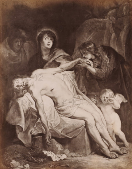 Photo reproduction of (presumably) a print after a painting by Anthony van Dyck, depicting the Lamentation of Christ, Kais. Gemälde-Galerie. Wien. A. v. Dyck. Pieta., photograph, reproduction, Part of Travel Album with photos of sights in Germany and Austria and of artworks., name: '...', negative number: '792', after print by anonymous, after painting by Anthony van Dyck, c. 1870 - c. 1900, photographer, after print by, paper, albumen print, height 257 mm x width 193 mm, lamentation over the dead Christ by his relatives and friends (Christ usually without crown of thorns), A monochrome painting shows a lifeless male figure draped with cloth, his head tilted back and eyes closed, his arm hanging limp; a veiled woman behind him looks upward with a halo-like glow around her head, and another woman leans forward to kiss the man's hand while holding it; a small cherub-like child stands beside the deceased, touching its face and holding a small object, with a second faint winged figure in t...