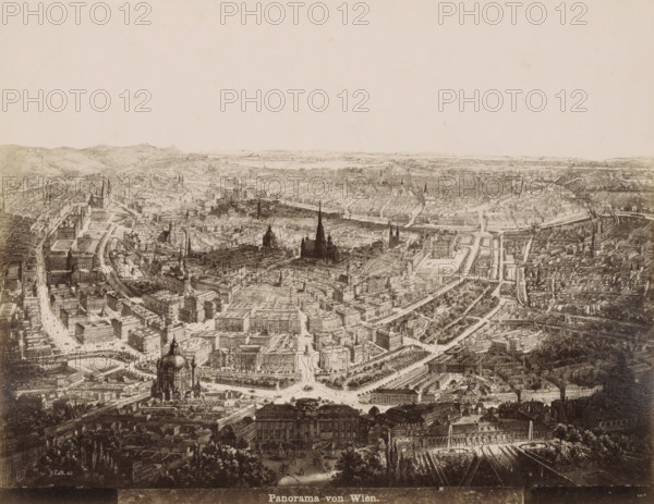 Photo reproduction of a print depicting a panorama of Vienna, Panorama von Wien, photograph, reproduction, Part of a travel album with photos of sights in Germany and Austria and of works of art., after print by anonymous, after drawing by G. Veith, c. 1870 - c. 1900, photographer, after print by, paper, albumen print, height 201 mm x width 260 mm, prospect of city, town panorama, silhouette of city, Vienna, Lower Austria, A detailed bird's-eye view of an expansive cityscape rendered in monochrome, showing densely packed buildings, wide tree-lined avenues, open squares, and formal gardens. Prominent domed and spired churches rise above surrounding structures, with one tall central spire and several smaller towers scattered across the scene. Grand classical buildings with columned facades and ornate roofs sit among blocks of residential and commercial architecture. Rail lines, bridges, and curving streets thread through the urban fabric, while parks and rectangular green plots provide c...