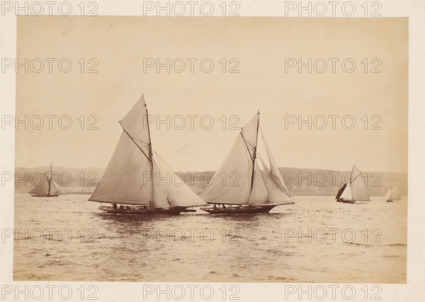 Various sailing ships, including Woodcock and Yvonne, at sea with a hilly landscape in the background, album page, photograph, This photo is part of an album., check stamp: 'Adamson, Rothesay.H.B', photographer: James Adamson, c. 1880 - c. 1900, paper, albumen print, height 191 mm x width 283 mm, sailing-ship, sailing-boat, landscapes with waters, waterscapes, seascapes (in the temperate zone), (high) hill, Several sailboats are shown on calm water, each with tall masts and large triangular sails filled by the wind, two of the boats positioned close together in the foreground with visible hulls and small groups of people sitting along the decks, and additional sailboats farther back near a distant shoreline with low hills; the sky above is clear and light, and the overall image has a sepia tone.
