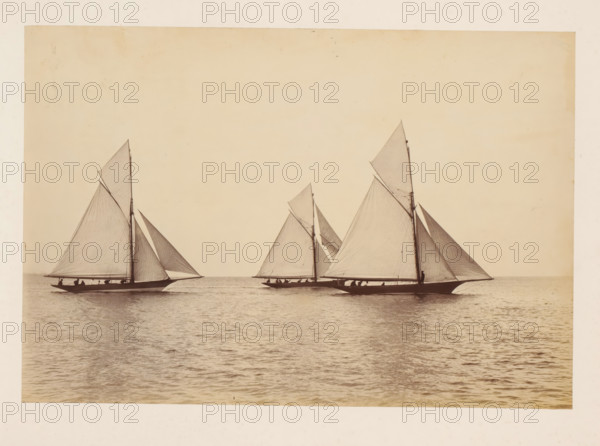 Three sailing ships, including the Encore, Yvonne and Woodcock, in the water, album page, photograph, This photo is part of an album., check stamp: 'Adamson, Rothesay.H.B', photographer: attributed to James Adamson, c. 1880 - c. 1900, Attributed to, paper, albumen print, height 189 mm x width 279 mm, sailing-ship, sailing-boat, landscapes with waters, waterscapes, seascapes (in the temperate zone), Three sailboats on calm water with large triangular sails raised, each hull dark against the lighter water, small silhouetted figures visible on the decks, fine rigging lines and mast details on each boat, a wide expanse of open sky above and a gently rippled surface below, overall muted sepia tones.
