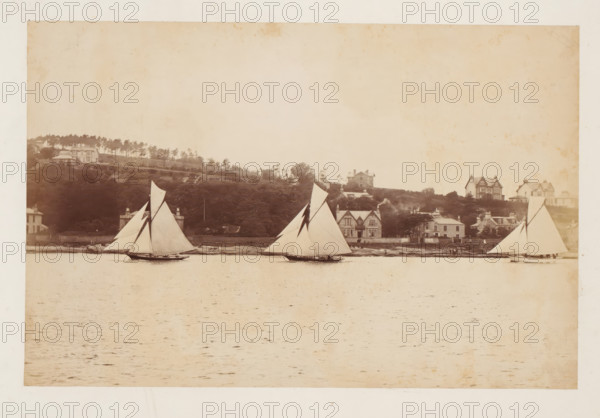 Three sailing ships, including the Coila, at sea with a landscape with buildings in the background, album page, photograph, This photo is part of an album., check stamp: 'Adamson, Rothesay.HB, Copyright', photographer: attributed to James Adamson, c. 1880 - c. 1900, Attributed to, paper, albumen print, height 188 mm x width 286 mm, sailing-ship, sailing-boat, landscapes with waters, waterscapes, seascapes (in the temperate zone), civic architecture, edifices, dwellings, A wide sepia-toned scene showing a calm body of water in the foreground and a shoreline in the background with a row of houses and buildings set among trees on a gently rising hillside, three sailboats with tall white sails positioned across the water near the shore, the central boat having a prominent triangular mainsail and jib, the left and right boats showing their sails angled similarly, the shoreline featuring stone walls, a few chimneys, and varied architectural styles of houses, trees and shrubbery behind the bu...
