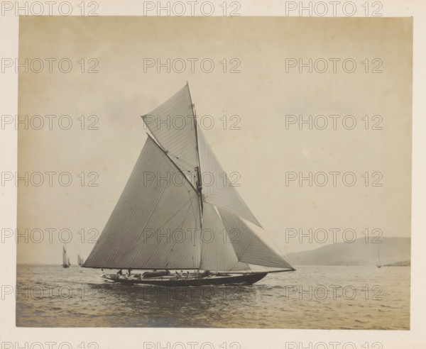 Sailing ship the Queen at sea with other sailing ships and a hill in the background, album page, photograph, This photo is part of an album., check stamp: 'Adamson, Rothesay.H.B', photographer: James Adamson, c. 1880 - c. 1900, paper, gelatin silver print, developed gelatin silver print, height 219 mm x width 277 mm, sailing-ship, sailing-boat, landscapes with waters, waterscapes, seascapes (in the temperate zone), (high) hill, A large sailboat with tall, triangular sails occupies the foreground, its dark hull cutting through calm water while crew members sit along the deck; thin rigging lines run across the sails which display fine, parallel seam lines; smaller sailboats appear in the distance on both sides and a low, hazy shoreline with gentle hills is visible along the right horizon beneath an even, light-colored sky.