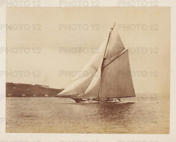 Sailing ship Valkyrie No.1 in the water, album page, photograph, This photo is part of an album., check stamp: 'Adamson, Rothesay.HB, Copyright', photographer: attributed to James Adamson, c. 1880 - c. 1900, Attributed to, paper, albumen print, height 213 mm x width 277 mm, sailing-ship, sailing-boat, landscapes with waters, waterscapes, seascapes (in the temperate zone), A large sailing yacht with tall sails tilted to one side moves across calm water, the hull and deck visible with crew on board, rigging and spars extending upward to the peak of the mainsail, a small flag at the mast top, pale sky above, and a distant shoreline with trees and scattered houses along the waterline.