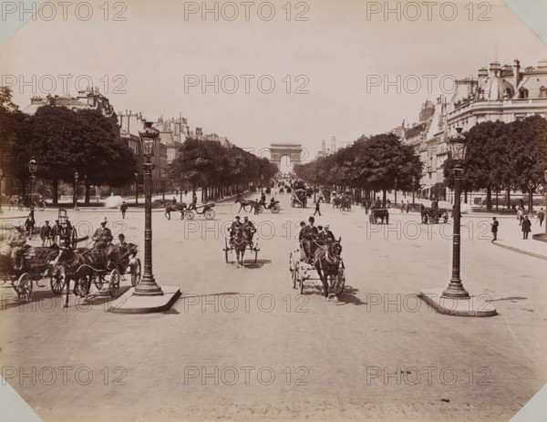 View of the Champs-Élysées with the Arc de Triomphe, album page, photograph, This photo is part of an album., retailer's mark: 'E. Hautecoeur, Estampes Photographies, 35 Avenue de l'Opéra, 35, Paris', inscription: '672 Paris - Perspective de l'Avenue des Champs-Elysées. Ed. H. Phot.', photographer: Edouard Hautecoer, Paris, publisher: Edouard Hautecoer (possibly), 1890 - 1898, Edouard Hautecoer, photographer, publisher, paper, albumen print, height 258 mm x width 355 mm, avenue, boulevard, promenade, esplanade (city(-scape) with figures, staffage), Champs-Elysées, A wide tree-lined avenue stretches toward a large stone triumphal arch at the far end, flanked by multi-story buildings with ornate roofs and chimneys. The foreground shows a broad paved roadway with horse-drawn carriages and riders moving toward and away from the viewer, and decorative lamp posts mounted on pedestals near the center. People in period clothing walk along the sidewalks and stand near the trees and carriageways...