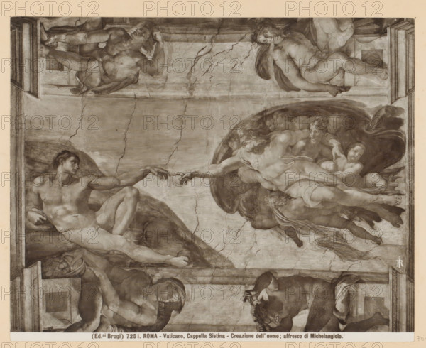 Fresco in the Sistine Chapel in Vatican City, depicting the creation of Adam, ROMA - Vaticano, Cappella Sistina - Creazione dell'uomo, affresco di Michelangiolo, photograph, Part of Photo album with images of sights and artworks in Italy., number: '7251', annotation: 'IR', photographer: Edizioni Brogi, Sistine Chapel (Vatican), c. 1875 - in or before 1907, Edizioni Brogi, photographer, Vatican City, Apostolic Palace, paper, gelatin silver print, height 200 mm x width 248 mm, creation of man, the Garden of Eden (Genesis 1:26 - 2), A grayscale fresco scene showing a reclining nude man on the left extending his hand toward a bearded, partially draped male figure on the right who reaches back from within a billowing, dark cloak; surrounding the central figures are other nude and partially nude figures clustered in dynamic poses, including a small child near the bearded figure, and additional reclining torsos and limbs at the top and bottom edges; the background shows a flat architectural f...