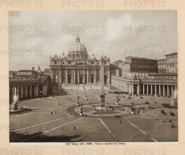 View of St. Peter's Square in Vatican City, with the Vatican Obelisk in the foreground, Roma - Piazza e Basilica di S. Pietro, photograph, Part of Photo album with photographs of landmarks and artworks in Italy., number: '8301', photographer: Edizioni Brogi, Vatican City, c. 1875 - in or before 1907, Edizioni Brogi, photographer, paper, gelatin silver print, height 200 mm x width 250 mm, square, circus, church (exterior), obelisk, needle, St. Peter's Square, Vatican Obelisk, A wide plaza with radiating paving lines and a circular central area containing a tall obelisk surrounded by low bollards and ornate lampposts, flanked by two long colonnaded buildings with rows of columns and balustrades topped by statues, an ornate fountain spouting water on the left, and a large classical basilica with a central dome, sculpted pediments, columns at its façade, and smaller domes and decorative statues along its roofline; scattered small groups of people and a few carriages are visible on the plaz...