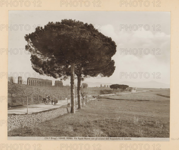 View of the Via Appia Nuova near Rome, with the ruins of the Aqua Claudia, ROMA, in the background. Via Appia Nuova con gli avanzi dell'Acquedotto di Claudio, photograph, Part of Photo album with recordings of sights and works of art in Italy., number: '16448', photographer: Edizioni Brogi, Via Appia Nuova, c. 1875 - in or before 1907, Edizioni Brogi, photographer, paper, gelatin silver print, developing gelatin silver print, height 200 mm x width 250 mm, public road, landscape with bridge, viaduct or aqueduct, Rome, Aqua Claudia, A wide landscape photograph shows a dirt road lined with tall umbrella-shaped trees with dense canopies, a stone wall running alongside the road, and a horse-drawn cart with a person standing beside it; in the middle ground there are ruined stone arches of an aqueduct stretching across the scene, with additional smaller trees and a building further along the road; the foreground is an open grassy field, and the sky above is filled with soft, pale clouds.