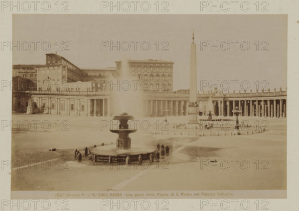 Una parta della Piazza di S. Pietro col Palazzo Vaticano, View of St. Peter's Square with the obelisk in Vatican City, Italy, Roma, photograph, In the background are the colonnades of Giovanni Lorenzo Bernini., number: 'Po. Io. No. 5903.', photographer: Fratelli Alinari, Vatican City, after sculpture by anonymous, 1852 - 1900, Fratelli Alinari, photographer, after sculpture by, pasteboard, paper, albumen print, height 97 mm x width 143 mm, height 0 mm x width 0 mm, square, circus, ornamental fountain, obelisk, needle, St. Peter's Square, A wide open paved square with a large central fountain in the foreground spraying water upward, a multi-tiered stone basin surrounded by short posts and chains, and a tall obelisk rising toward the sky further back; a curved colonnade of columns extends across the middle ground with statues lined along its top, and large stone buildings with rows of windows form the background; scattered lampposts and another smaller fountain appear near the obelisk, a...
