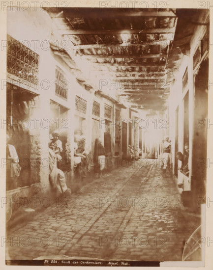 Souk des Cordonniers, Shoemakers in a souk, presumably in the Medina of Tunis, photograph, number: 'No 260.', photographer: Albert Goupil, Medina of Tunis, 1860 - 1900, North Africa, Tunis, pasteboard, paper, albumen print, height 317 mm x width 247 mm, shoe-maker, cobbler, A narrow covered alley with a cobblestone path running down its center is lined by walls with small recessed shop openings and decorative metal grilles, a wooden beam ceiling overhead showing exposed planks and support timbers, and several figures wearing loose garments and headwraps seated or standing in the doorways and entrances along both sides; light filters in from the far end creating bright highlights and soft shadows, and worn textures are visible on the stone and plaster surfaces.