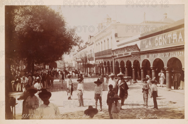 Street view in Oaxaca, Mexico, Street and Portales, Oaxaca, Méx, photograph, number: '637.', photographer: Charles Betts Waite, Mexico City, 1897 - 1923, North America, paper, pasteboard, baryta paper, daylight gelatin silver print, height 129 mm x width 203 mm, height 157 mm x width 231 mm, street, A wide cobblestone street scene with many people standing and walking, several wearing wide-brimmed hats and shawls; a row of arched colonnades and a two-story building line one side of the street, with decorative architectural details on the upper façade; a large tree with dense foliage casts shade over part of the scene on the left; market activity is visible under the arches and along the sidewalks, with some individuals gathered in small groups and others walking toward the foreground; a few animals, including a horse, are present among the crowd; sunlight creates shadows on the cobblestones and the building façades.