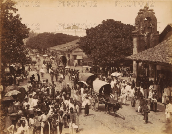 View of the Main Street, Colombo, Sri Lanka, photograph, signature: 'Scowen & Co.', title: 'Main Street, Colombo', photographer: Charles T. Scowen & Co., 1876 - 1893, South Asia, paper, albumen print, height 215 mm x width 277 mm, height 347 mm x width 400 mm, street, A crowded street scene with many people walking and standing, some carrying baskets or bundles and others holding umbrellas, several horse-drawn carts and covered wagons among the crowd, a large tree shading part of the street near a row of single-story buildings with tiled roofs, a stone bell tower with decorative carving and visible bells, a distant ornate building partially visible above the trees, and a variety of clothing styles visible on the people.