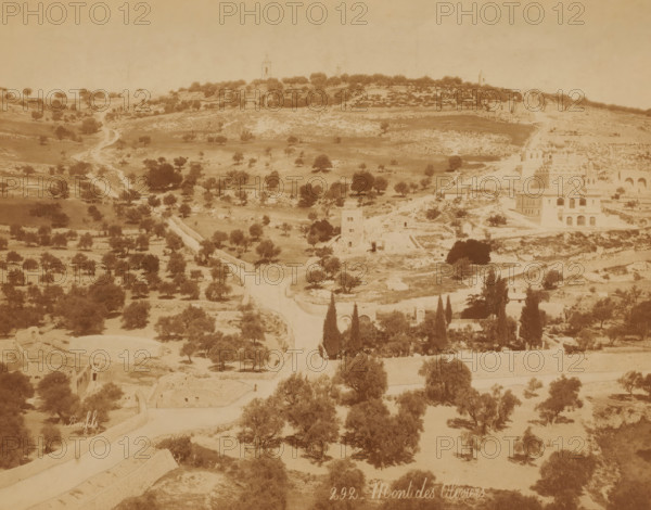 Mont des Oliviers, View of the Mount of Olives in Jerusalem, photograph, number: '292', photographer: Félix Bonfils, Jerusalem, 1867 - 1900, pasteboard, paper, albumen print, height 237 mm x width 299 mm, (high) hill, Mount of Olives, A sepia-toned landscape showing rolling hills dotted with scattered trees and low vegetation, with winding dirt roads and stone walls traversing the terrain. On one hillside there is a complex of buildings including a multi-story structure with arched windows and a domed roof section, and nearby smaller stone buildings and ruins. Tall slender cypress trees and other clustered trees appear near a compound with arched openings and terraces. The foreground shows more irregular stone walls, paths, and scattered trees leading toward the middle ground where a tower-like ruin stands beside a track. In the distant ridge there are more trees and a few isolated structures silhouetted against the sky.
