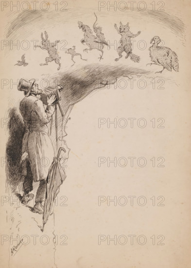Photographer photographs dancing animals, drawing, illustration, inscription: '108x175, 2893a, Title & Cover', draftsman (artist): Alfred Ronner (signed by artist), 1880 - 1900, draftsman (artist), materials by function, paper, ink, pen, height 284 mm x width 200 mm, photographer at work, animals, A narrow vertical ink drawing on aged paper shows a man seen from behind operating an old-fashioned box camera mounted on a tripod while holding an accordion-style bellows and wearing a long coat and top hat, with an umbrella hanging from his arm; above him a shadowy arched area contains sketched silhouettes of various animals and birds in motion, including a small bird, a leaping hare, a frog, a rooster in mid-stride, a fox on its hind legs, and a large rounded bird, all drawn with fine stippling and line work against a largely blank background.