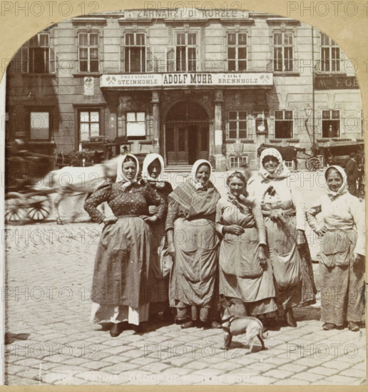 Vienna, Group of Market Women, Group of market women in the square Am Hof, stereograph, number: '15435', number: '2452', publisher: Carleton Harlow Graves, Philadelphia, publisher: Universal Photo Art Company, United States of America, 1887 - 1900, photographer, North America, Lower Austria, paper, pasteboard, baryta paper, daylight collodion silver print, height 88 mm x width 177 mm, adult woman, old woman, market, A sepia-toned street scene shows a row of women standing close together in front of a grand building with tall windows and an arched entrance; the women wear headscarves, shawls, aprons, and long dresses with varied patterns and textures, and their faces show neutral expressions as they face the camera; behind them a cobblestone street stretches across the foreground, a small dog stands near the women's feet, and blurred horses and carriages are visible in motion further back; the building facade includes columns, rectangular windows with panes, and a horizontal sign above ...
