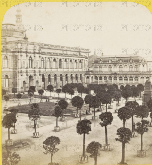 Zwinger in Dresden, Germany, Teplitz (Boheme), Statue commémorative de la découverte des eaux minerales, Allemagne au stéréoscope, stereograph, inscription: '60', inscription: 'Dresden', number: '206', number: '206.', photographer: Charles Gaudin, Dresden, 1860 - 1870, Saxony, pasteboard, paper, albumen print, height 86 mm x width 174 mm, garden, palace, Zwinger, A sepia-toned photograph showing a formal garden with numerous small, round-crowned trees each planted in square or round wooden tubs arranged in rows across a gravelly ground, and a large ornate stone building with arched windows, decorative cornices, and sculptural details occupying the upper portion of the image, with a secondary similarly detailed building visible to the right and manicured hedges lining the base of the buildings.