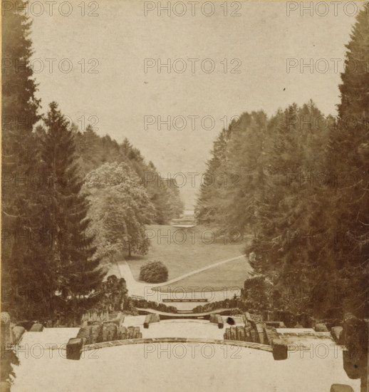 Wilhelmshöhe. Aussicht von den Cascaden, View from the large waterfalls in Wilhelmshöhe, Kassel, Cassel und Umgegend, stereograph, number: '10.', photographer: Sophus Williams, Berlin, 1876, Hessen, pasteboard, paper, albumen print, albumendruk, height 86 mm x width 177 mm, public gardens, park, garden cascade, Wilhelmshöhe, A sepia-toned photograph showing a formal landscape viewed from an elevated stone terrace with carved balustrades and steps in the foreground, a long central lawn or waterway flanked by paths and trimmed shrubs, rows of tall evergreen trees forming dense borders on both sides that taper toward the background, layered terraces and small bridges visible along the central axis, and a pale sky occupying the upper portion of the image.