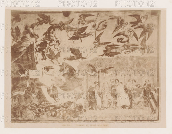 Frammento nel trionfo della morte, Photo reproduction of the fresco Trionfo della Morte in the Camposanto in Pisa, Italy, Pisa, photograph, reproduction, number: '1056.', after painting by Buonamico Buffalmacco (attributed to), 1851 - 1900, photographer, Tuscany, Attributed to, pasteboard, paper, albumen print, albumendruk, height 309 mm x width 385 mm, picture, painting, wall-covering, Piazza dei Miracoli, Camposanto (Piazza dei Miracoli), A rectangular sepia-toned image depicting a large, detailed scene divided visually into two main areas with winged figures and human figures; the upper left area shows many dark winged creatures and angels in various flying poses, some clutching or carrying smaller figures, with swirling forms and a dark rocky vertical element on the far left, while the upper right area contains lighter winged angels, some holding or supporting other figures and one holding a long staff. Below the flying scene, a band of trees with dense foliage separates the aerial...
